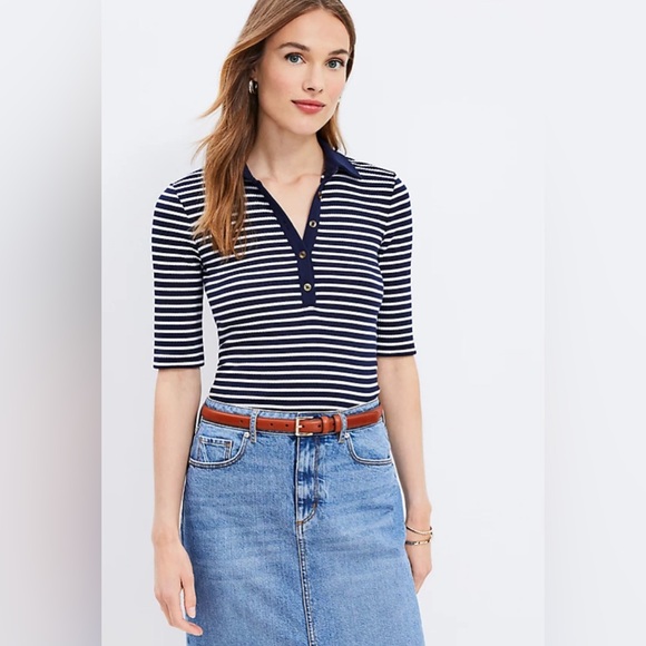 Loft Stripe Ribbed Polo Shirt | LIKE NEW | Size: Small - Picture 2 of 8